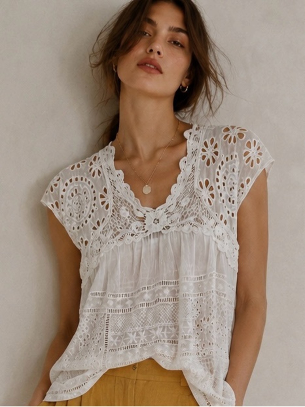 JOHNNY WAS White Eyelet Lace Boho Blouse or Mini Dress